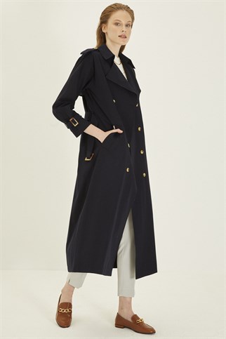Button Detailed Navy Blue Trenchcoat 12887