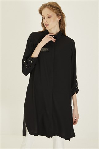 Shirt Collar and Pocket Detailed Black Tunic T-1217