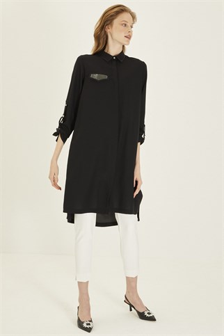 Shirt Collar and Pocket Detailed Black Tunic T-1217