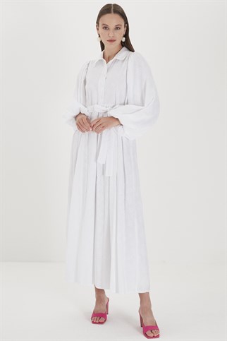 ZÜHRE Bel Kuşaklı Beyaz Uzun Elbise E-0326 