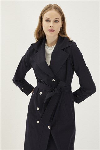 Button Detailed Navy Blue Trenchcoat 12516