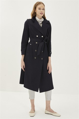 Button Detailed Navy Blue Trenchcoat 12516