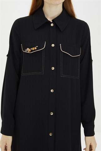 ZÜHRE Gömlek Yaka ve Cep Detaylı Siyah Giy-Çık GÇ-0033