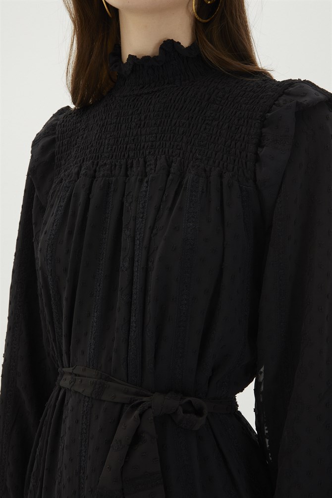 ZÜHRE Puantiyeli Uzun Siyah Elbise E-0340