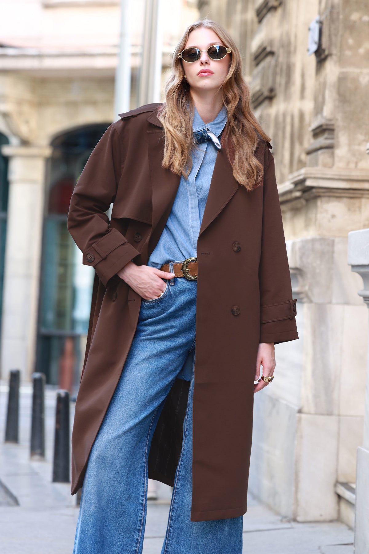 Navy Double-Breasted Belted Trench Coat with Epaulettes 13758 - Zühre