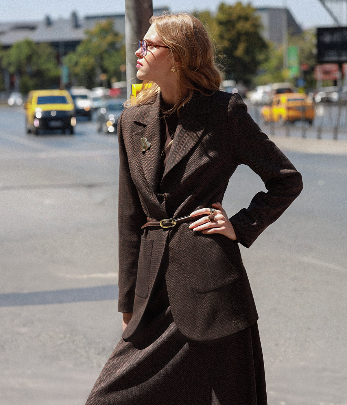 Wide-Collar Belted Textured Black Overcoat 0388 - Zühre