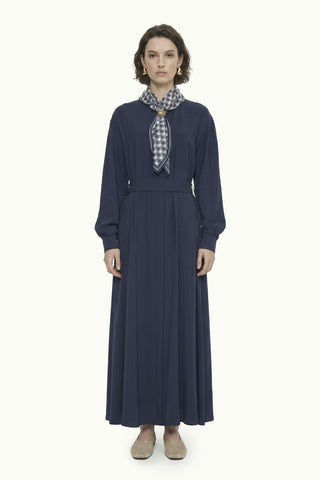 Kuşaklı Şal Detaylı Akışkan Lacivert Elbise 0579