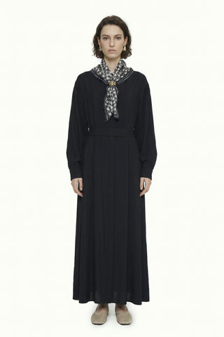 Kuşaklı Şal Detaylı Akışkan Siyah Elbise 0579