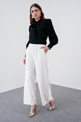 Zuhre Wide Leg Fabric Ecru Trousers P-0013