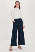 Zuhre Wide Leg Fabric Navy Blue Trousers P-0013