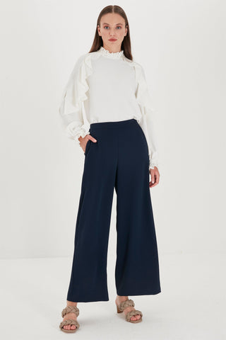 Zuhre Wide Leg Fabric Navy Blue Trousers P-0013