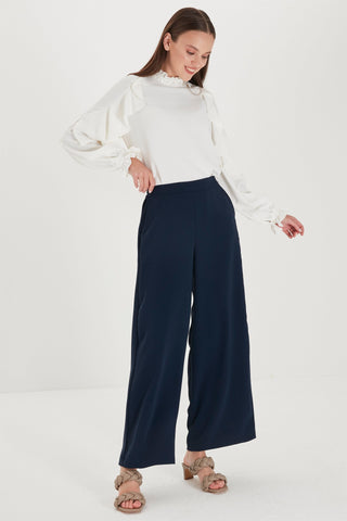 Zuhre Wide Leg Fabric Navy Blue Trousers P-0013