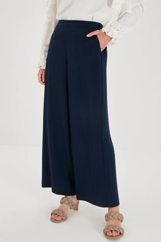Zuhre Wide Leg Fabric Navy Blue Trousers P-0013