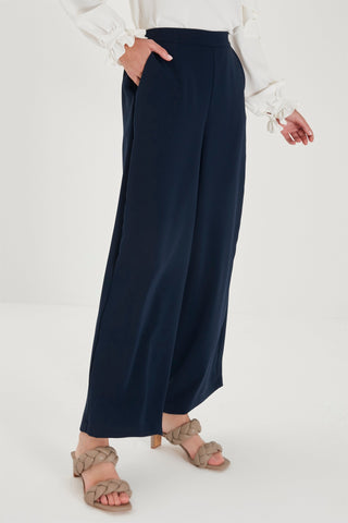Zuhre Wide Leg Fabric Navy Blue Trousers P-0013