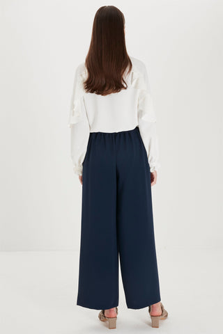Zuhre Wide Leg Fabric Navy Blue Trousers P-0013