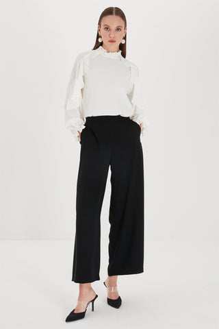 Zuhre Wide Leg Fabric Black Trousers P-0013