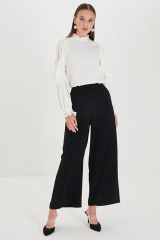 Zuhre Wide Leg Fabric Black Trousers P-0013