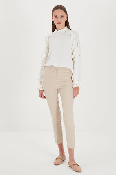 Zühre Dar Paça Kumaş Bej Pantolon P-0024