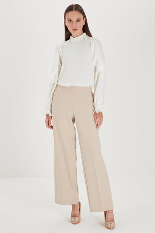 Zuhre Wide Leg Fabric Beige Trousers with Elastic Waist Detail P-0102