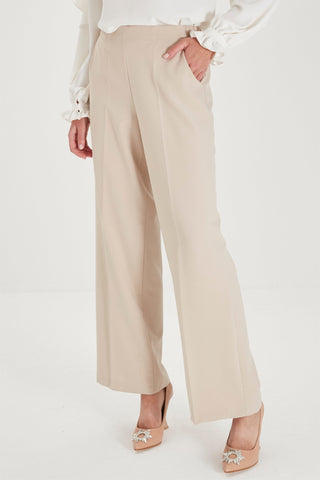 Zuhre Wide Leg Fabric Beige Trousers with Elastic Waist Detail P-0102