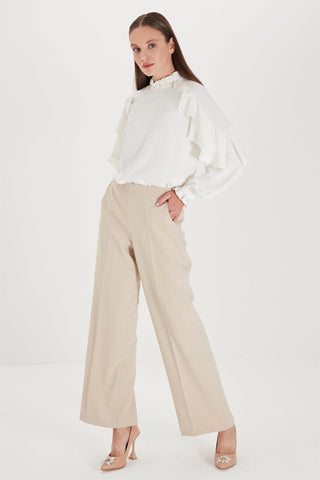 Zuhre Wide Leg Fabric Beige Trousers with Elastic Waist Detail P-0102