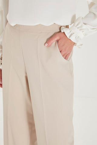 Zuhre Wide Leg Fabric Beige Trousers with Elastic Waist Detail P-0102