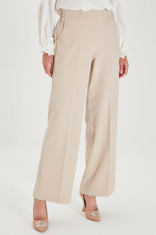 Zuhre Wide Leg Fabric Beige Trousers with Elastic Waist Detail P-0102