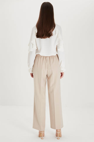 Zuhre Wide Leg Fabric Beige Trousers with Elastic Waist Detail P-0102