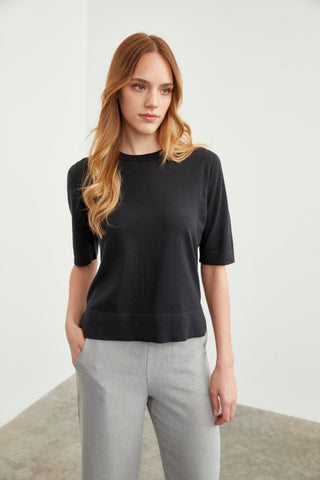 Zuhre Wide Leg Fabric Grey Trousers with Elastic Waist Detail P-0102