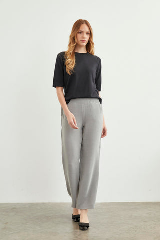 Zuhre Wide Leg Fabric Grey Trousers with Elastic Waist Detail P-0102