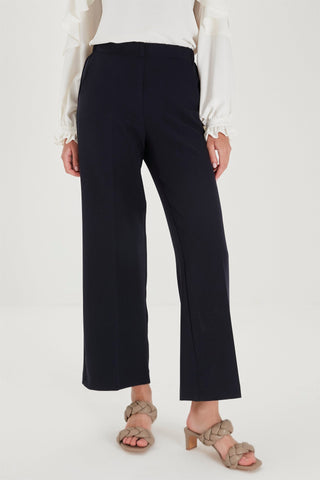 Zuhre Wide Leg Fabric Navy Trousers with Elastic Waist Detail P-0102