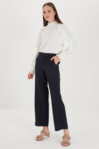 Zuhre Wide Leg Fabric Navy Trousers with Elastic Waist Detail P-0102