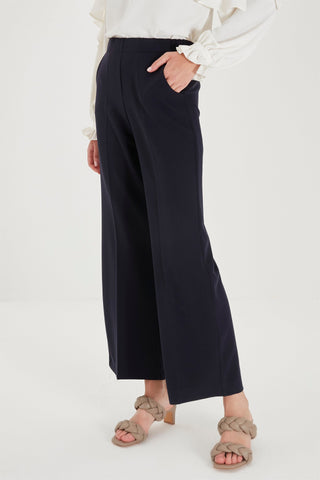 Zuhre Wide Leg Fabric Navy Trousers with Elastic Waist Detail P-0102