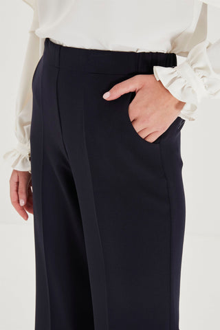 Zuhre Wide Leg Fabric Navy Trousers with Elastic Waist Detail P-0102