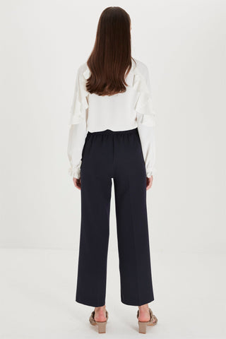 Zuhre Wide Leg Fabric Navy Trousers with Elastic Waist Detail P-0102