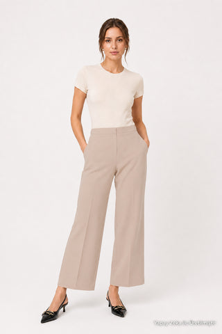Zühre Bel Lastik Detaylı Bol Paça Kumaş Bej Pantolon P-0102