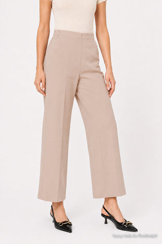 Zühre Bel Lastik Detaylı Bol Paça Kumaş Bej Pantolon P-0102