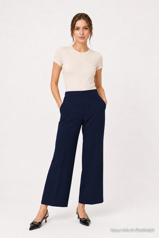 Zühre Bel Lastik Detaylı Bol Paça Kumaş Lacivert Pantolon P-0102