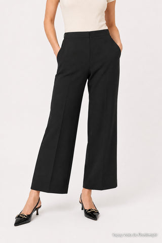 Zuhre Wide Leg Fabric Black Trousers with Elastic Waist Detail P-0102
