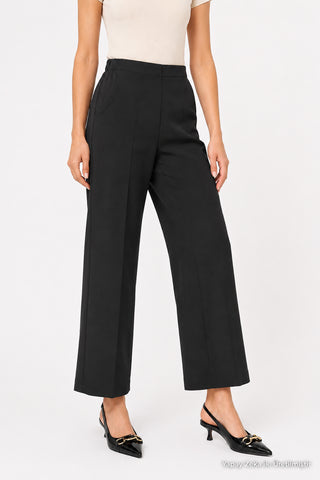 Zuhre Wide Leg Fabric Black Trousers with Elastic Waist Detail P-0102