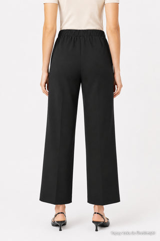 Zuhre Wide Leg Fabric Black Trousers with Elastic Waist Detail P-0102