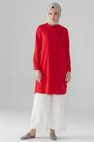 Zuhre Red Tunic with Hidden Button Detail T-0767