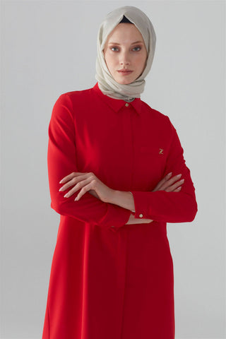 Zuhre Red Tunic with Hidden Button Detail T-0767