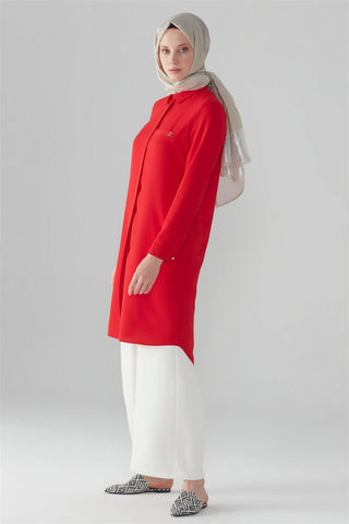 Zuhre Red Tunic with Hidden Button Detail T-0767