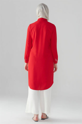 Zuhre Red Tunic with Hidden Button Detail T-0767