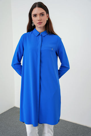 Zühre Gizli Düğme Detaylı Saks Tunik T-0767