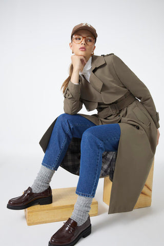 Khaki Trench Coat with Jacket Collar and Sleeve Details 12667