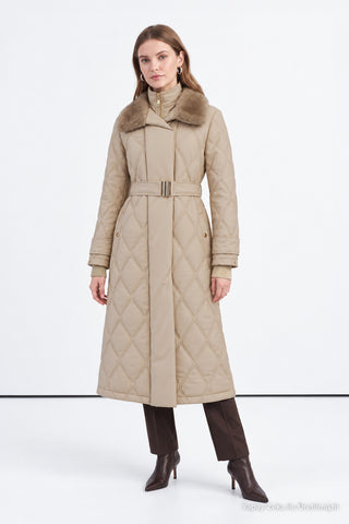 Black Puffer Jacket with Black Fur Collar and Belt Detail, Beige Style, 12764