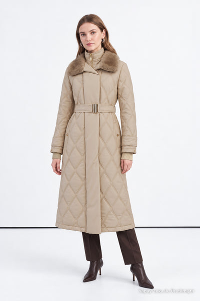 Black Puffer Jacket with Black Fur Collar and Belt Detail, Beige Style, 12764