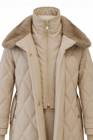 Black Puffer Jacket with Black Fur Collar and Belt Detail, Beige Style, 12764